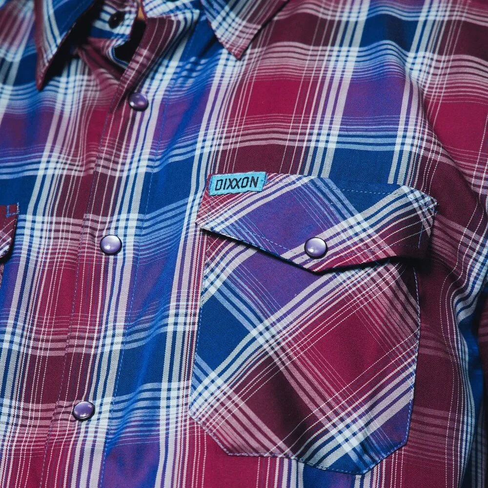 NWT Dixxon Flannel Lotus Red & Blue Plaid Pearl Snap Bamboo Short Sleeve Shirt - Picture 4 of 6